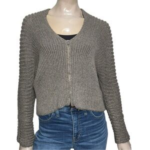 Tandem Women’s Size 36 S Gray Ribbed Knit V-Neck Zip Front Sweater Cardigan